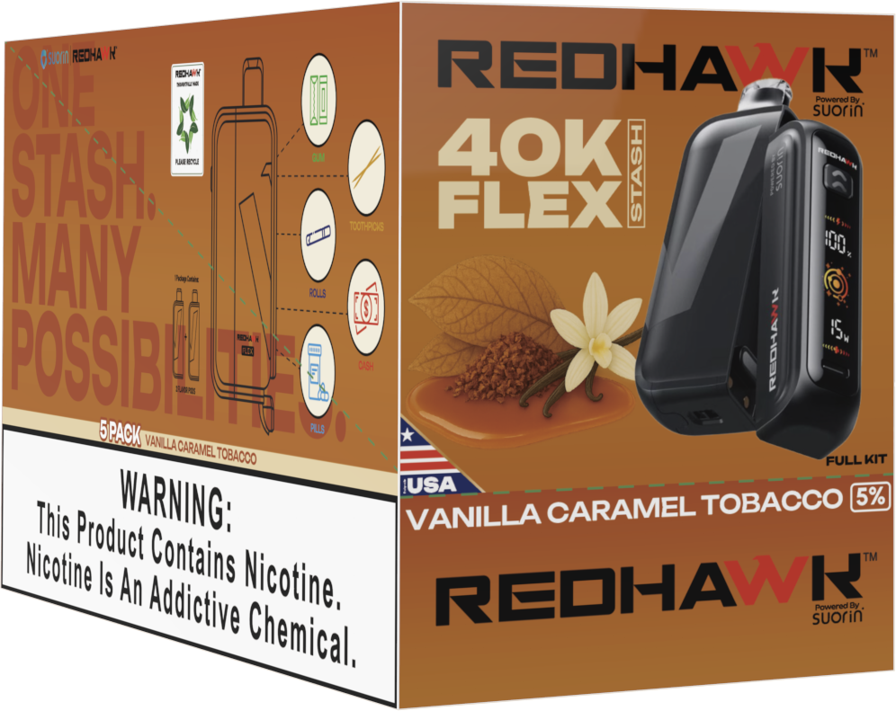 caramel tobacco disposable vape RedHawk 40K FLEX Stash Disposable Vape Puff Vanilla Caramel Tobacco