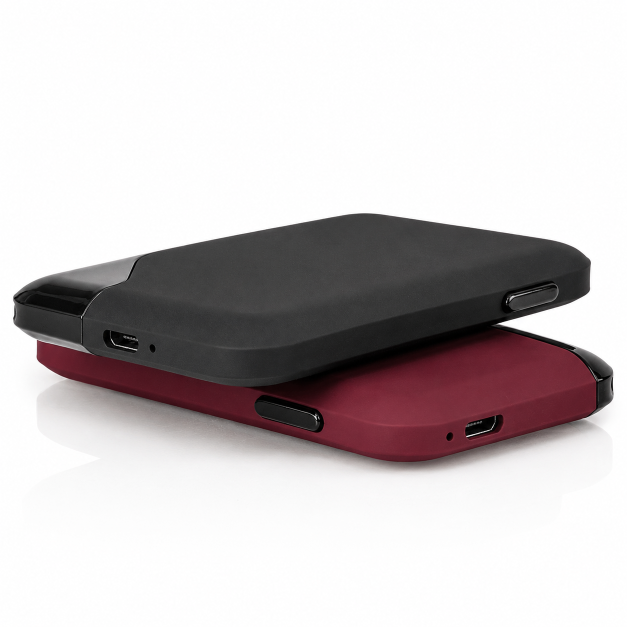 Slik Stealth Black and Crimson Velvet Pod Systems showing the slim card-style body, side button, and MicroUSB charging port
