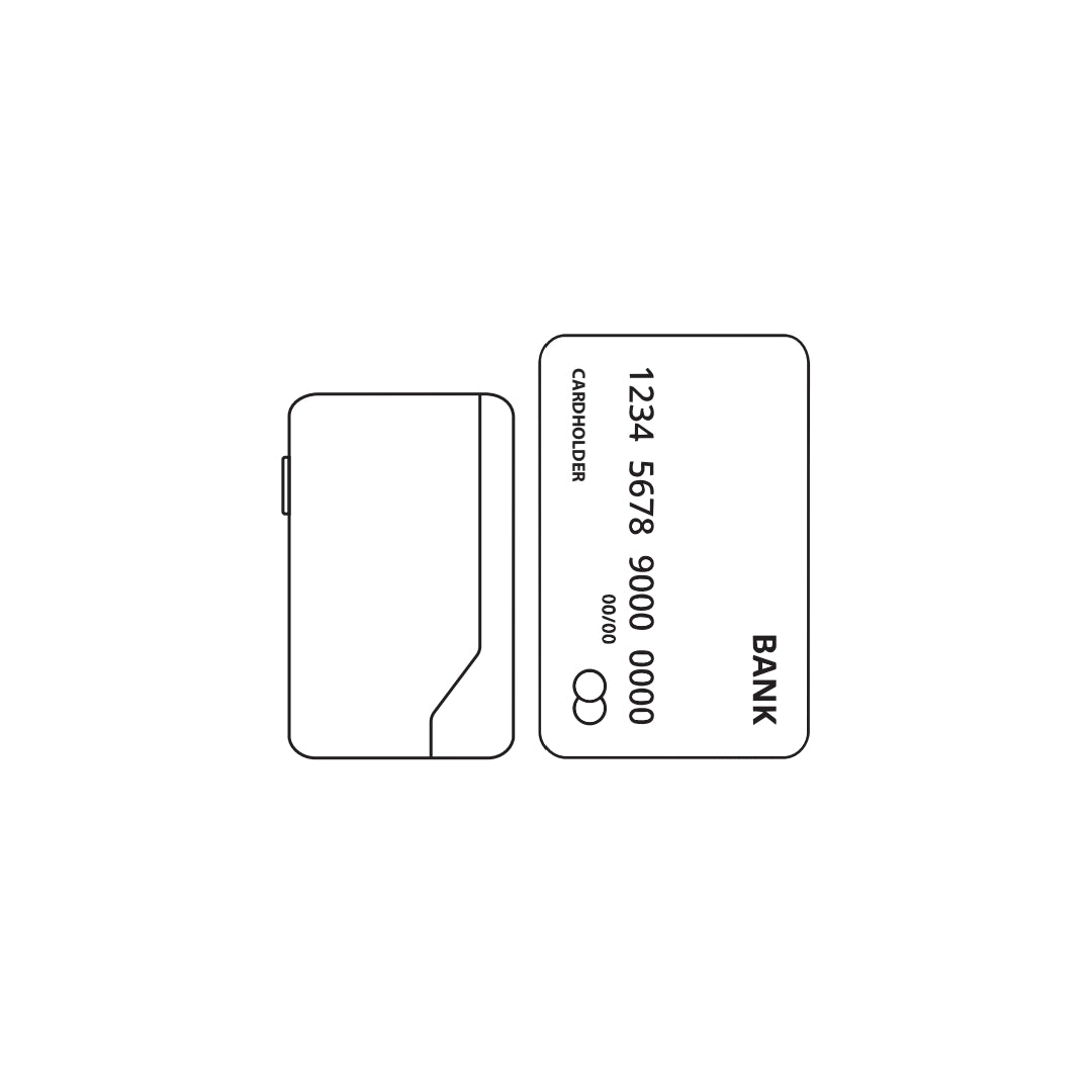 Minimal line drawing comparing the Wallet pod system size to a standard credit card for scale.